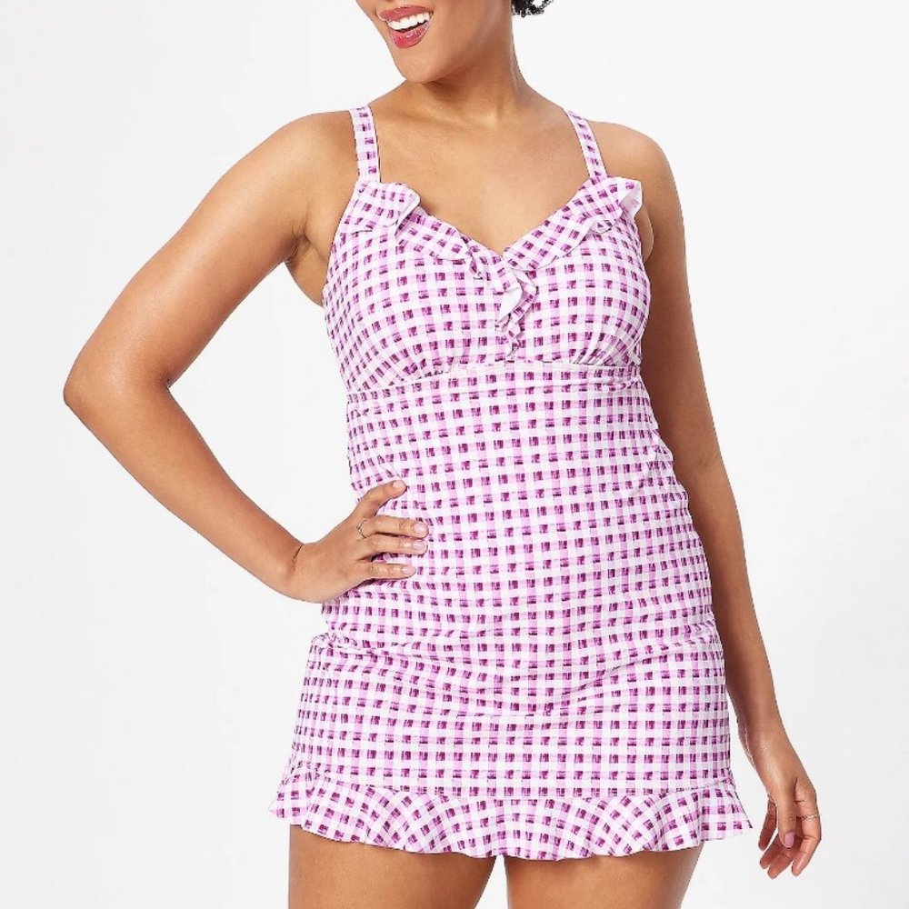 NEW Isaac Mizrahi NWT Gingham Pink, Purple)Swim Dress swimsuit UPF50  6564